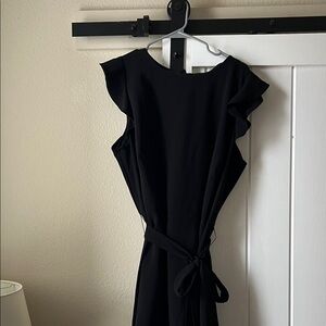 LOFT Black Midi Dress with Ruffle Sleeves